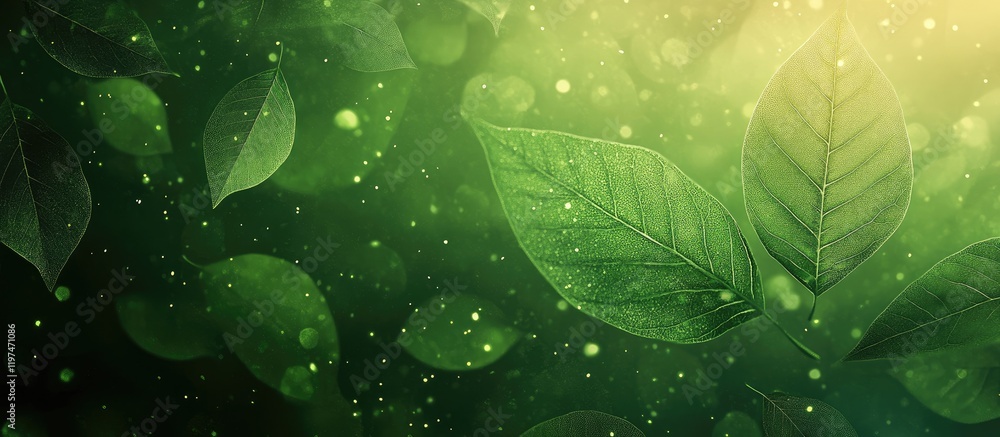 Poster green naturistic background with leaves bokeh light and copy space for text placement