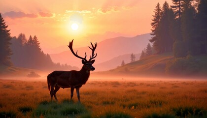 Majestic Deer Silhouette at Mountain Sunset