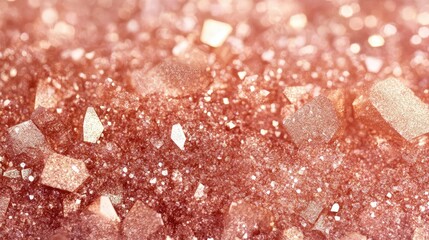 Close-up of sparkling rose gold glitter texture with various particle sizes and shapes on a blurred background, ideal for copy space.