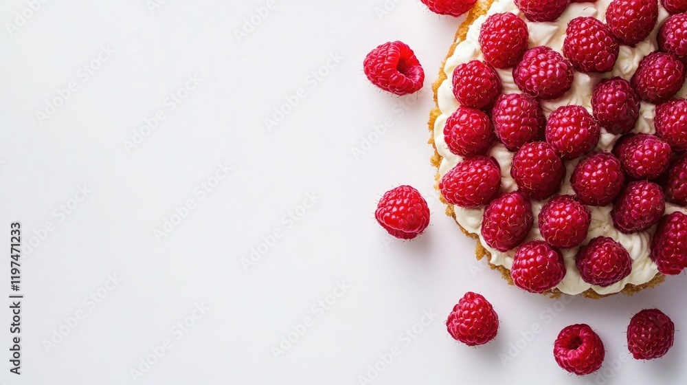Poster raspberry tart with creamy filling topped with fresh raspberries on white background with copy space