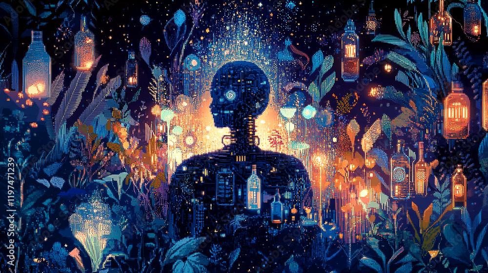 Poster Futuristic robot in a glowing forest with illuminated bottles