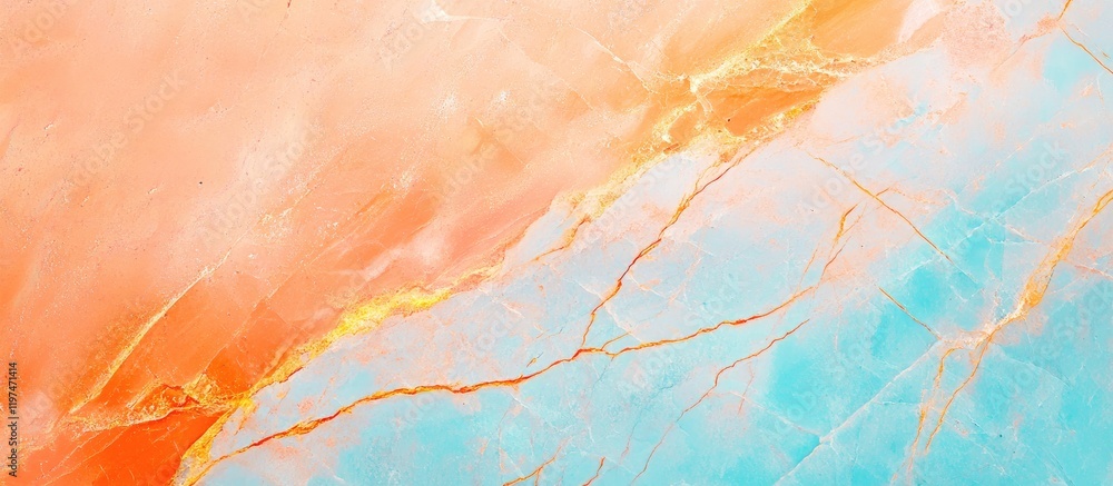 Poster pastel marble texture background in orange and blue tones with golden veining and ample copy space f