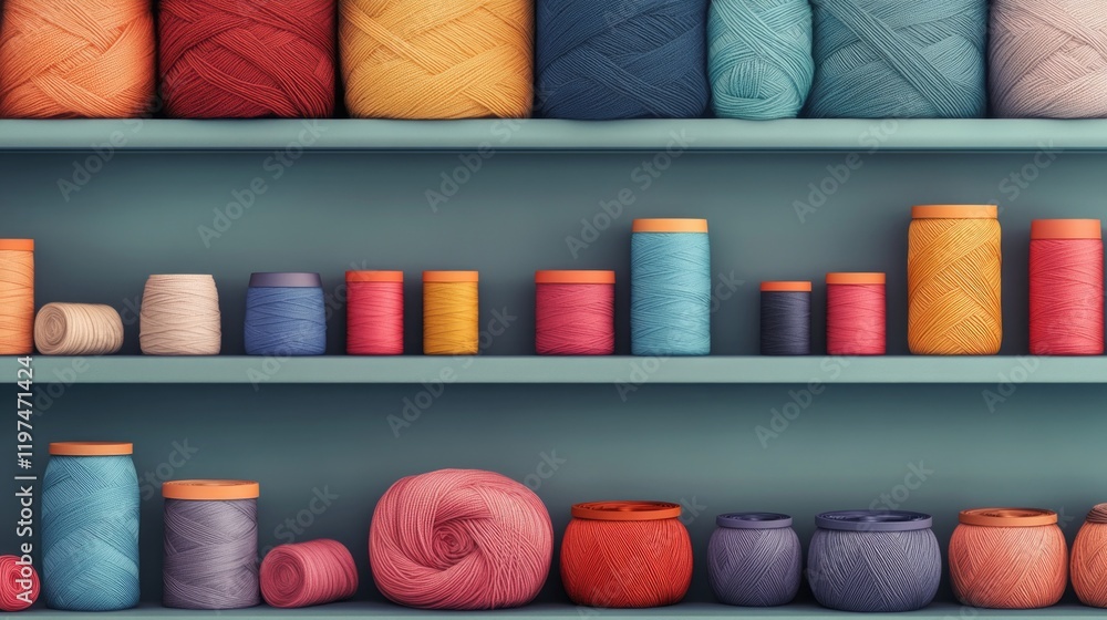 Poster colorful spools of thread arranged neatly on shelves with various sizes and shades against a teal ba