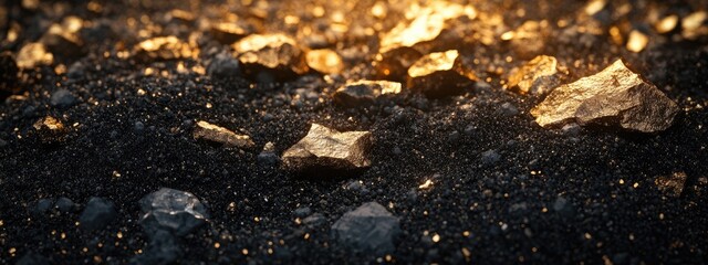 Fototapeta premium Golden mineral stones on dark soil with dramatic lighting and rich textures Copy Space