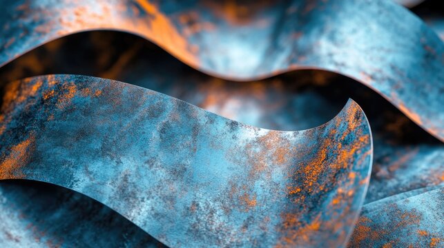 Abstract textured metal background with swirling patterns and blue rust effects showcasing Copy Space for design applications.