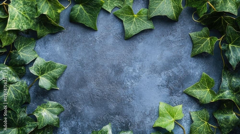 Poster green ivy leaves border on textured blue stone background with copy space for text or design element