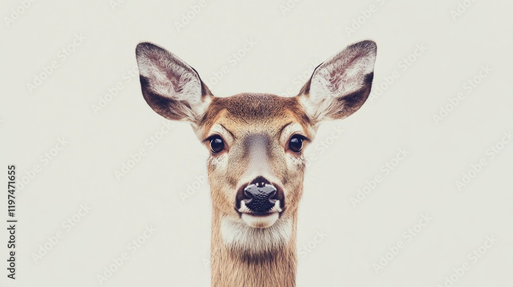 Poster a close-up portrait of a deer against a light background showcasing its expressive features and larg