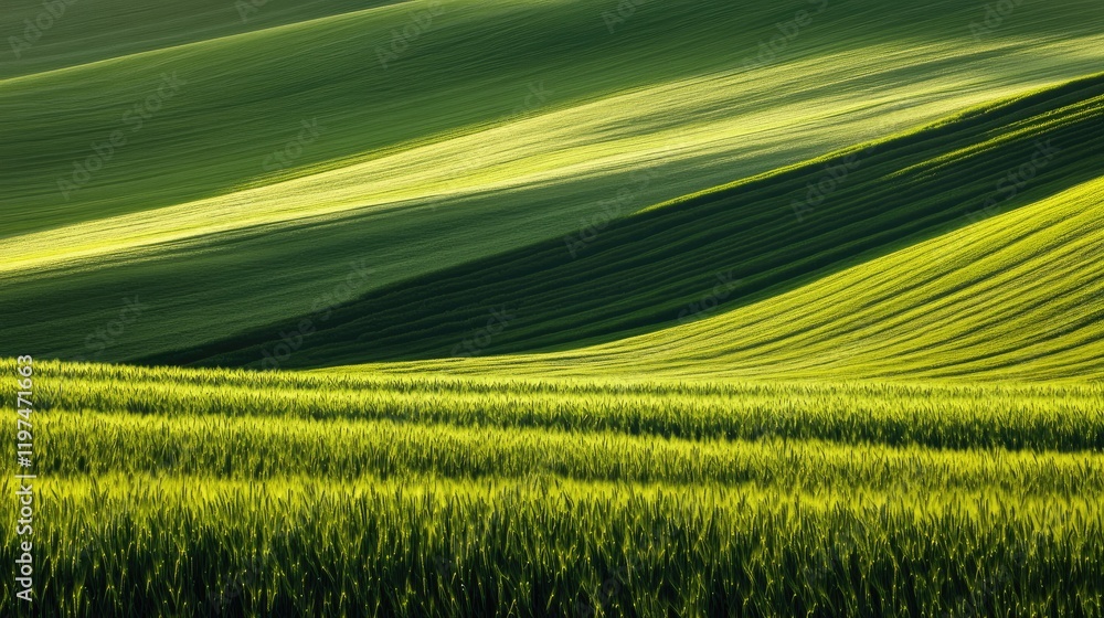 Poster rolling green hills and textured farmland landscape with light and shadow patterns creating depth in