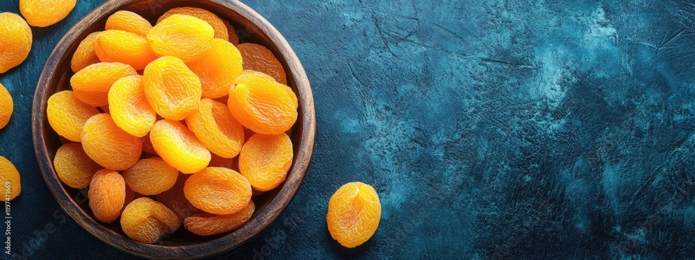 Poster bowl of dried apricots on textured blue background with copy space for text or design elements