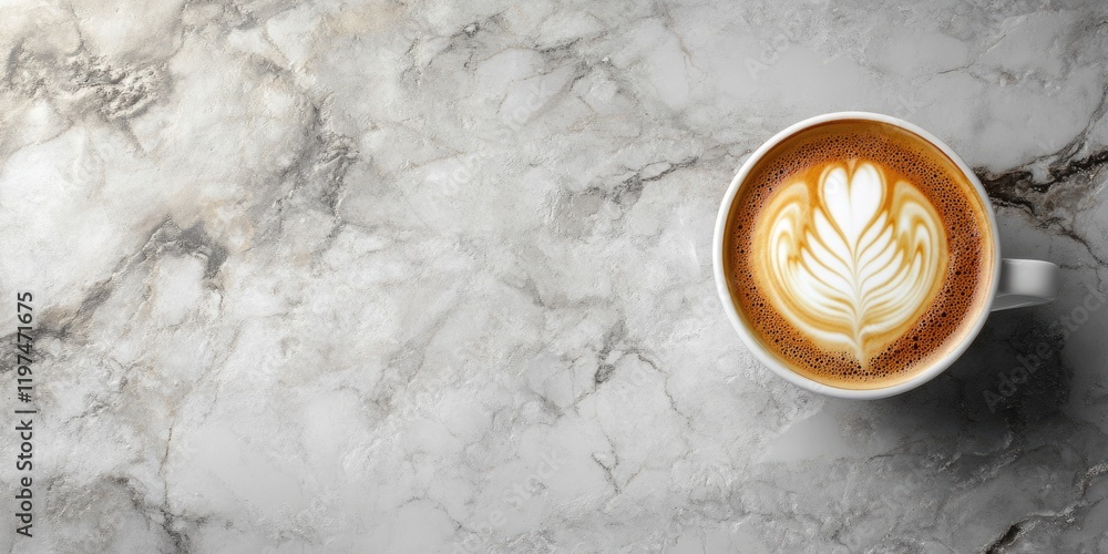 Poster coffee cup with latte art on marble countertop with copy space for text usage