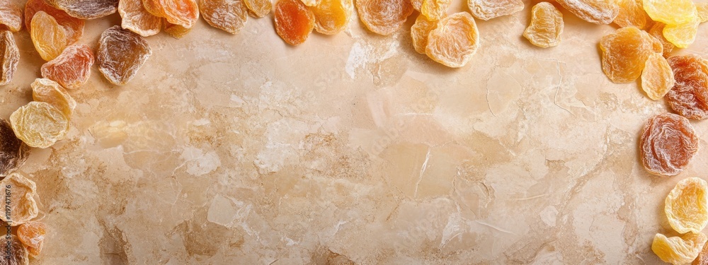 Poster dried fruit pieces arranged on a textured surface with copy space for placement of text or design el