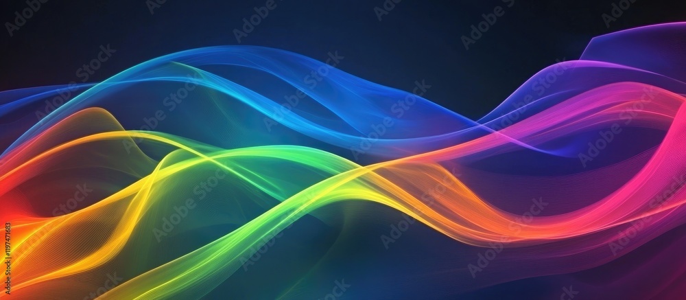 Poster colorful abstract waves on a dark background with smooth flow and gradients providing ample copy spa
