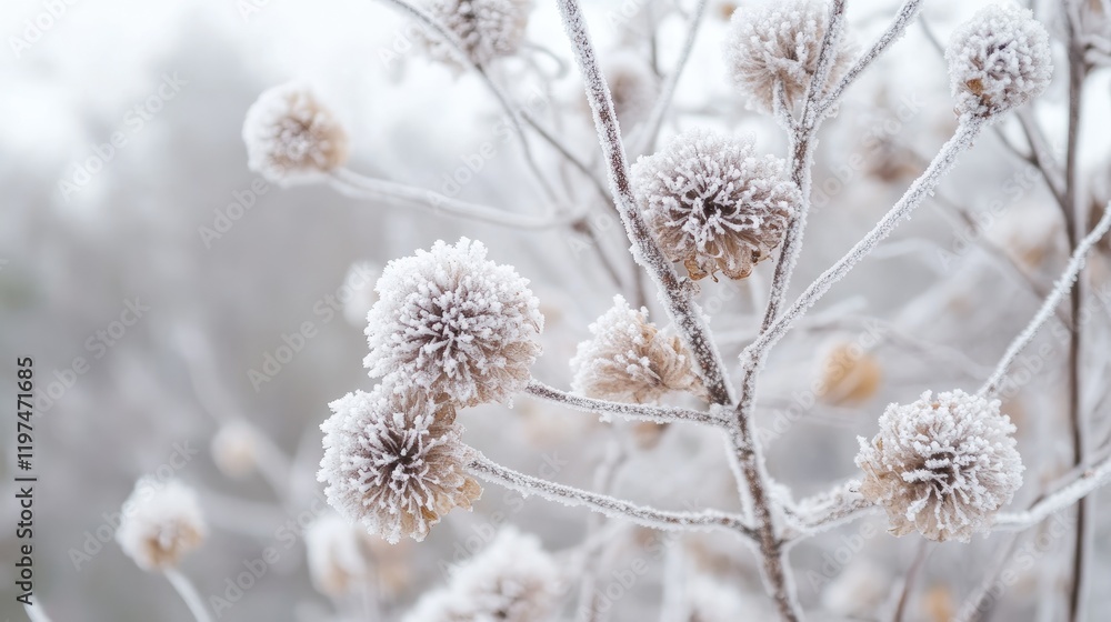 Poster frost covered flowers on a branch in winter landscape with blurred background and soft focus copy sp