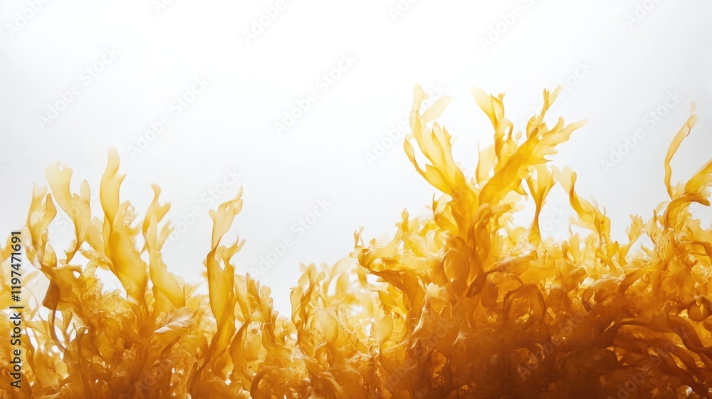 Poster abstract close-up of vibrant golden seaweed against a light background with ample copy space for tex