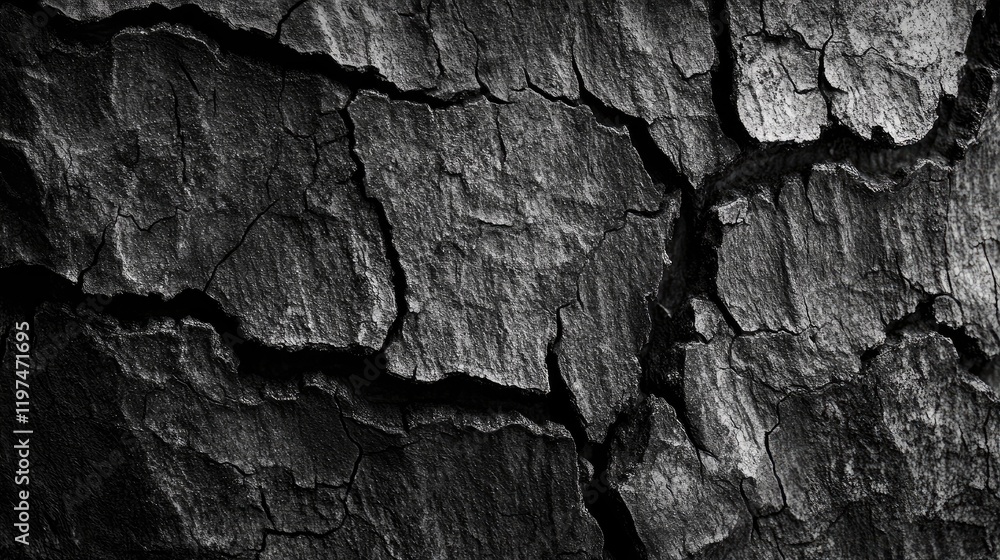 Poster black and white close-up texture of cracked rough bark with detailed natural patterns and copy space