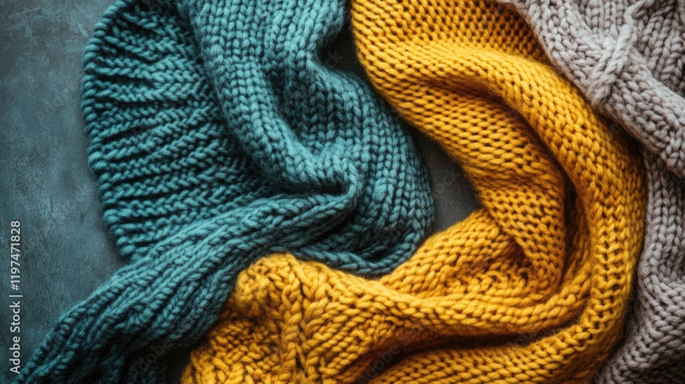 Poster colorful knitted scarves in various textures arranged artistically on a textured background with cop