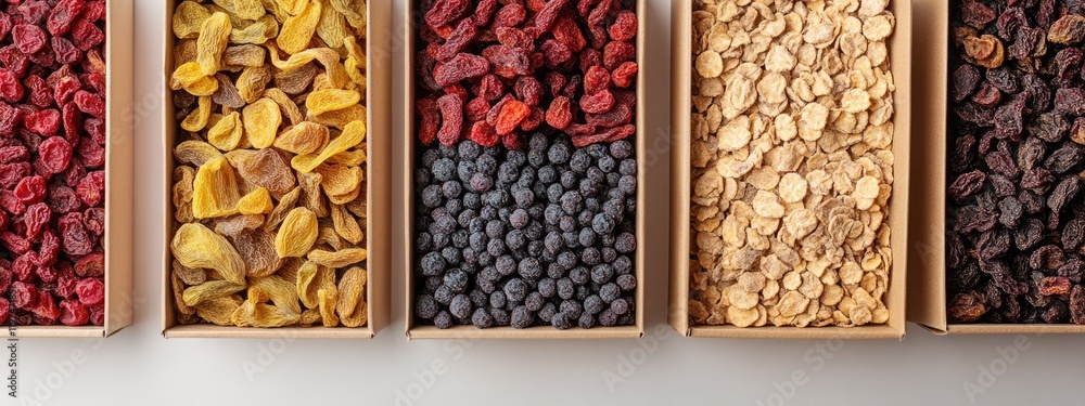 Poster dried fruits assortment in wooden boxes with colorful varieties arranged in a row on a light backgro