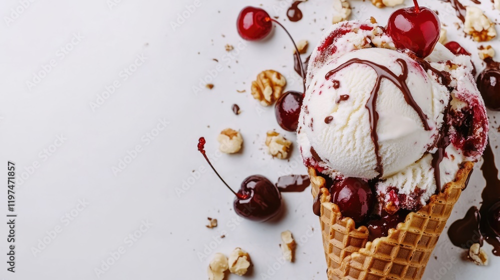 Poster ice cream cone with vanilla ice cream topped with cherries and chocolate sauce on a white background