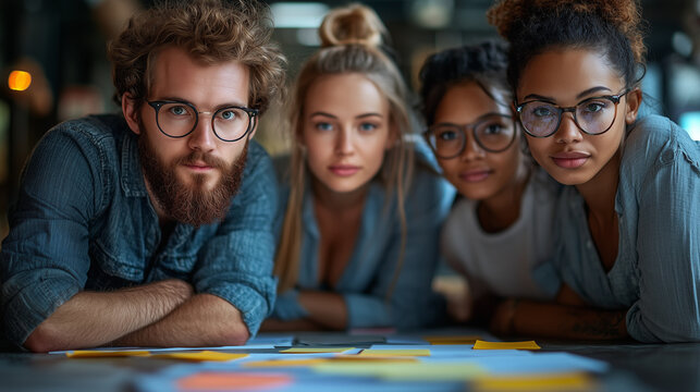 A creative brainstorming session where a group of employees is using colorful sticky notes. Bright lighting, contrast