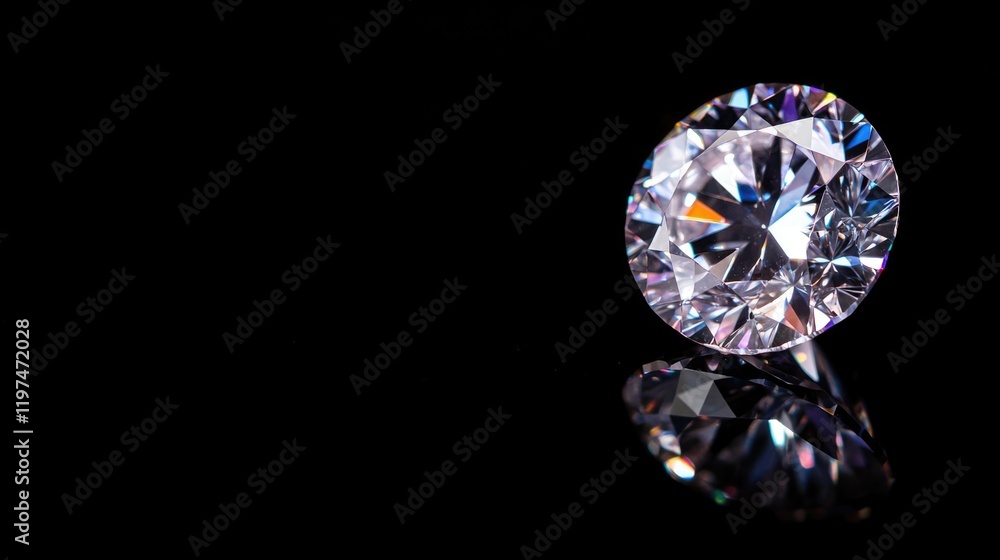 Poster brilliant diamond on a black background with reflection and ample copy space for text placement.