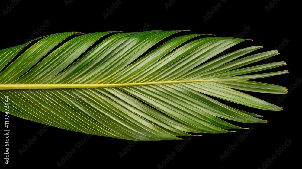 Poster green palm leaf isolated on black background with detailed leaf structure and copy space for text pl