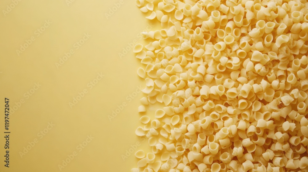 Poster pasta shells on yellow background with copy space for text placement