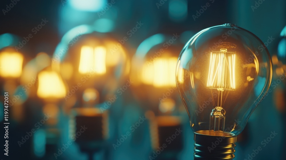 Poster vintage light bulbs glowing in a dark environment with selective focus and copy space for text place
