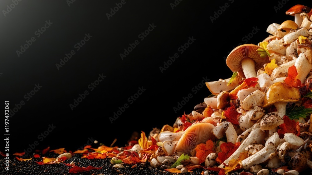 Aufkleber colorful assortment of various mushrooms with autumn leaves on a dark background featuring ample cop