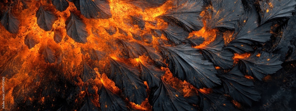 Poster lava flow texture with black rock formations and bright orange molten lava creating a dramatic abstr