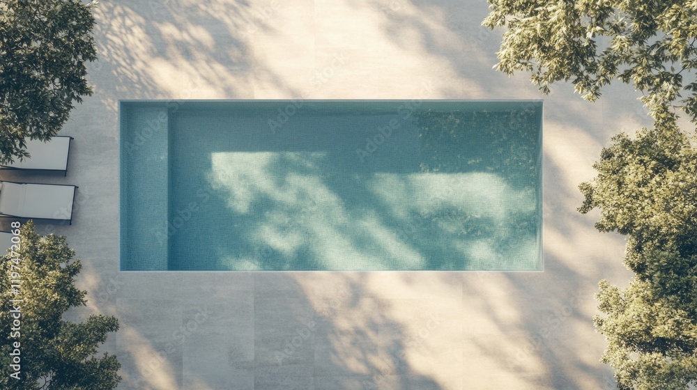 Poster aerial view of a modern swimming pool surrounded by trees with ample copy space for text placement.