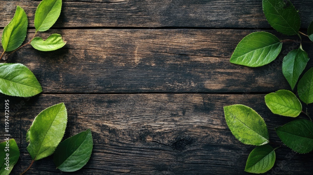 Poster green leaves on rustic wooden background with copy space for text or design elements.