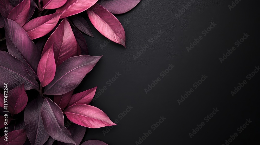 Poster purple and dark red leaves on black background with ample copy space for text placement
