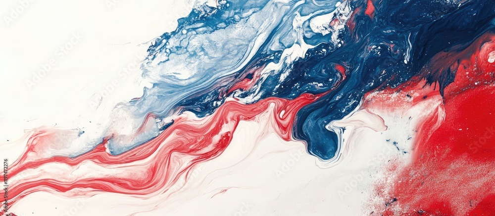 Poster abstract fluid art composition with blue white and red colors blended together creating dynamic swir