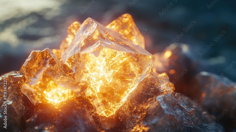 Poster translucent amber-colored crystal cluster illuminated from within, showcasing intricate facets and t