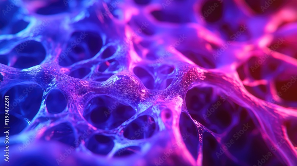 Poster abstract close-up of colorful organic structures resembling cells or tissue with glowing purple and 