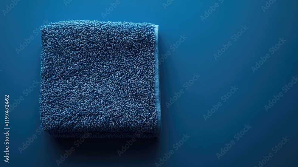 Poster blue terry cloth towel neatly folded on a blue background with copy space for text and design elemen