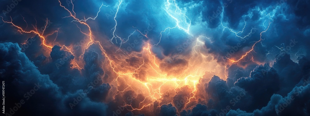 Poster dramatic lightning storm illuminating dark clouds with vivid blue and orange colors and ample copy s