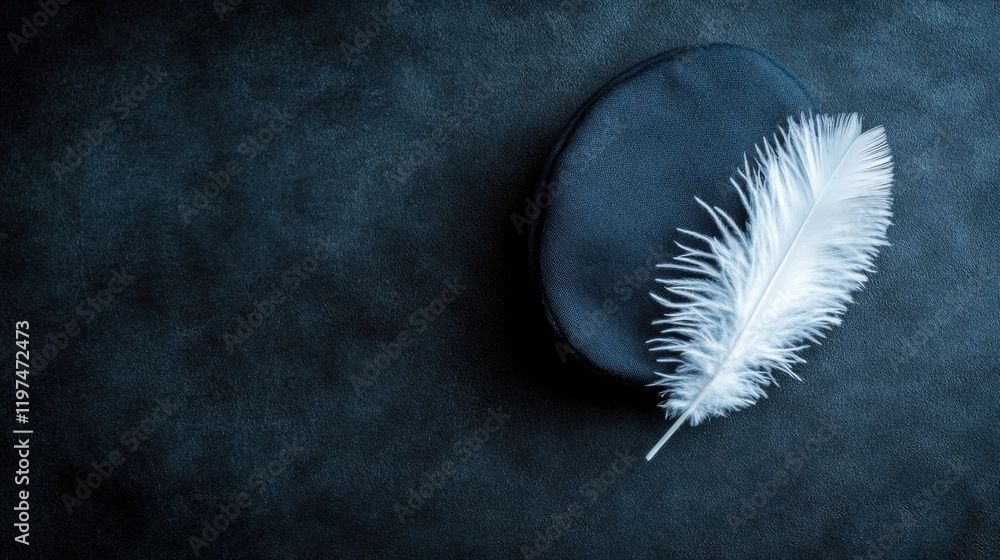 Poster black leather background with a white feather positioned on a round black object with ample copy spa