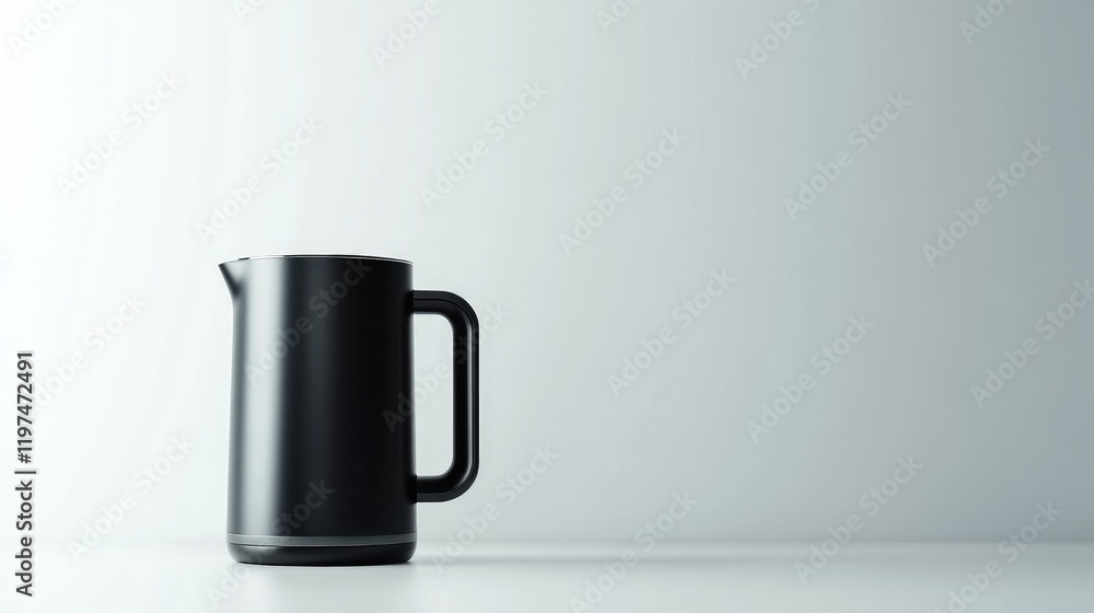 Poster black ceramic pitcher on a minimalistic white background with copy space for text.