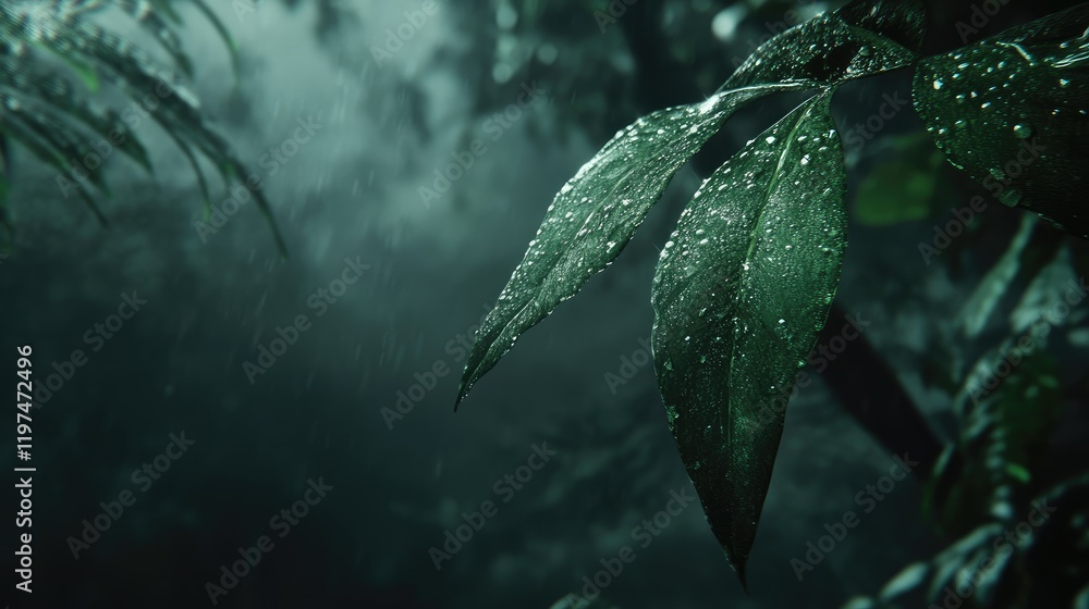 Poster rain-soaked green leaves in a dense forest with misty background providing ample copy space for text