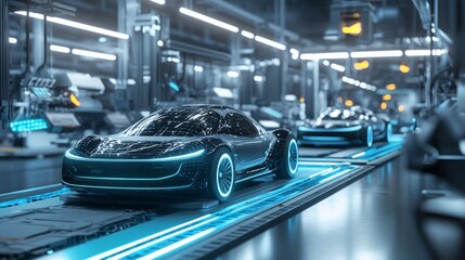 Fototapeta premium Futuristic Electric Cars on Production Line in High-Tech Factory