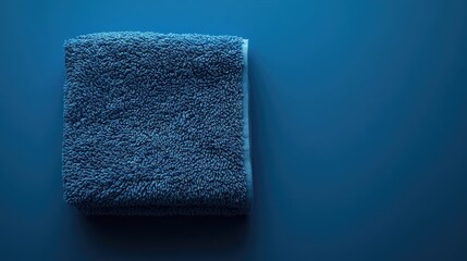 Blue terry cloth towel neatly folded on a blue background with copy space for text and design elements.