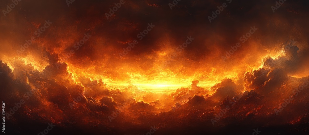 Poster Dramatic sunset clouds with orange and black hues creating a dynamic sky scene with Copy Space for text placement