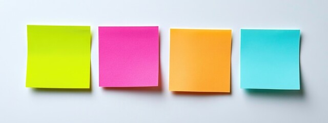 Colorful sticky notes arranged in a row on a white surface with copy space for notes or messages