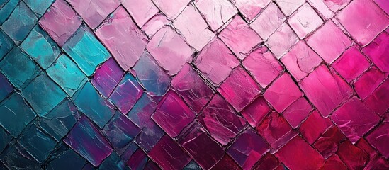 Colorful geometric pattern of overlapping glass tiles in shades of pink, purple, and teal with reflective surface and copy space.
