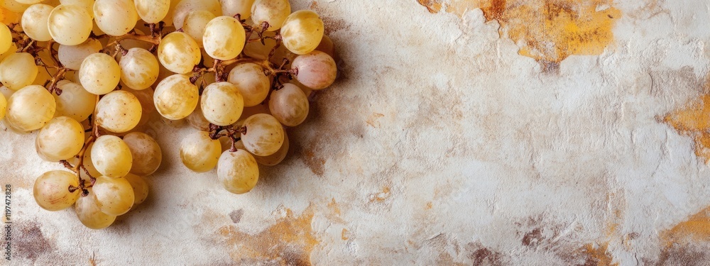 Poster fresh white grapes on textured stone table with copy space for text and design elements.