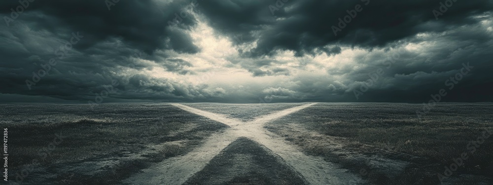 Poster dramatic landscape with dark stormy clouds over two diverging paths in the ocean copy space for text
