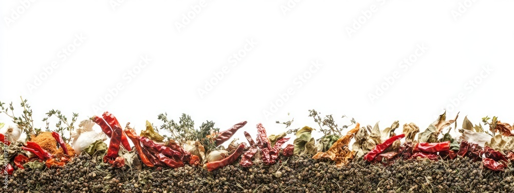 Poster spices and herbs arranged on a white background with copy space for text inclusion