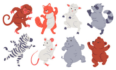 Cute animals dancing and smiling vector set, cartoon funny sheep and cat, zebra raccoon, hippopotamus and mouse have fun