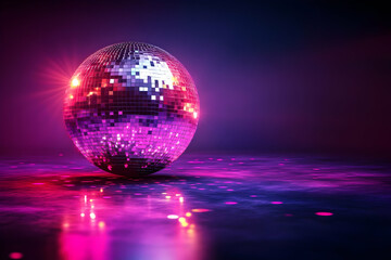 Obraz premium Disco ball reflects neon lights, party floor